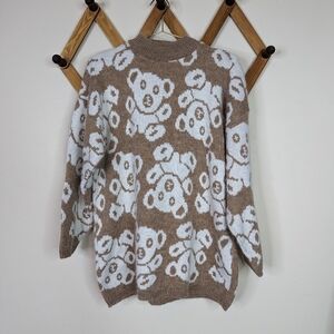 Vintage Needle and Yarn Teddy Bear Oversized Knit Mock Neck Sweater